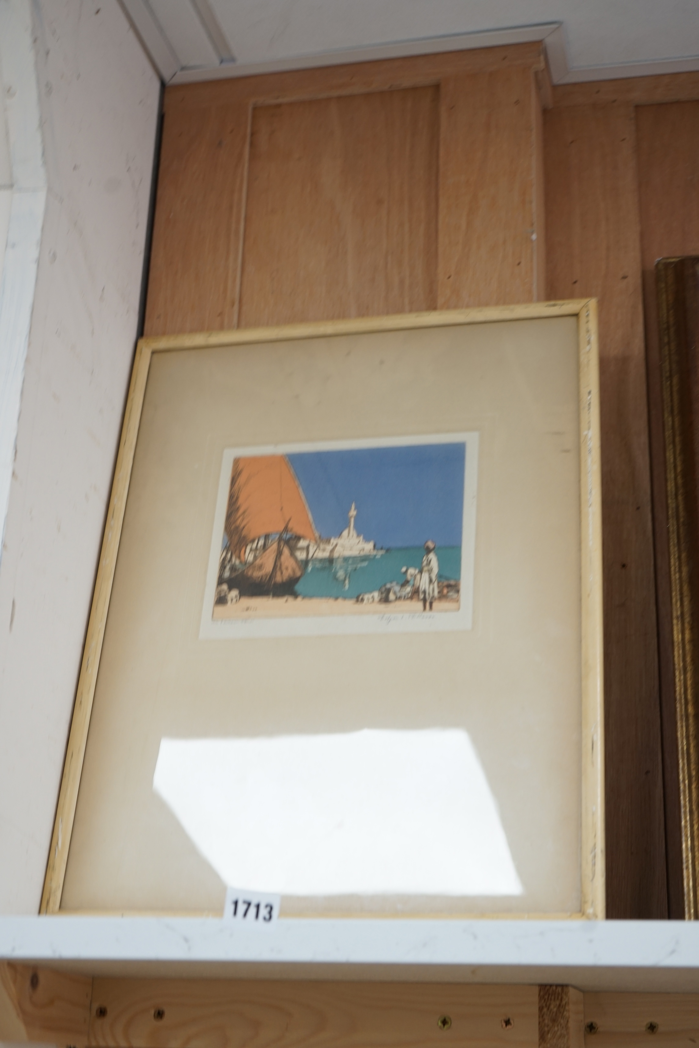 Edgar L Pattison (1872-1950), Orientalist colour etching, ‘An Eastern port’, signed in pencil, 16.5 x 20cm. Condition - fair
